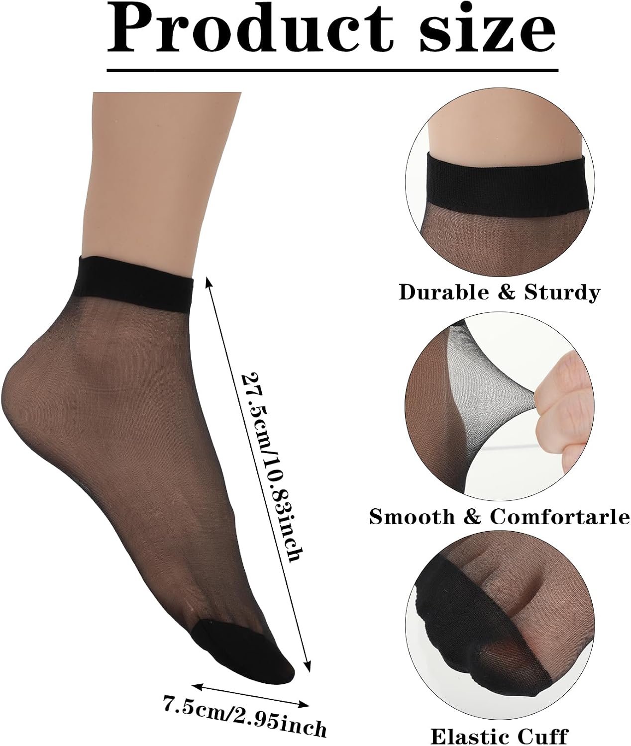 10 Pairs Sheer Black Socks, Black Sheer Socks Women | 10.83 X 3 Inches, Black Sheer Ankle Socks Women, Polyester, Breathable, for Women and Girls