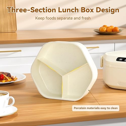 Miniatura 7 de Lonchera eléctrica inalámbrica, lonchera térmica de 1 litro, funciona con batería de 16000 mAh, calentamiento rápido, bandeja de 3 compartimentos,