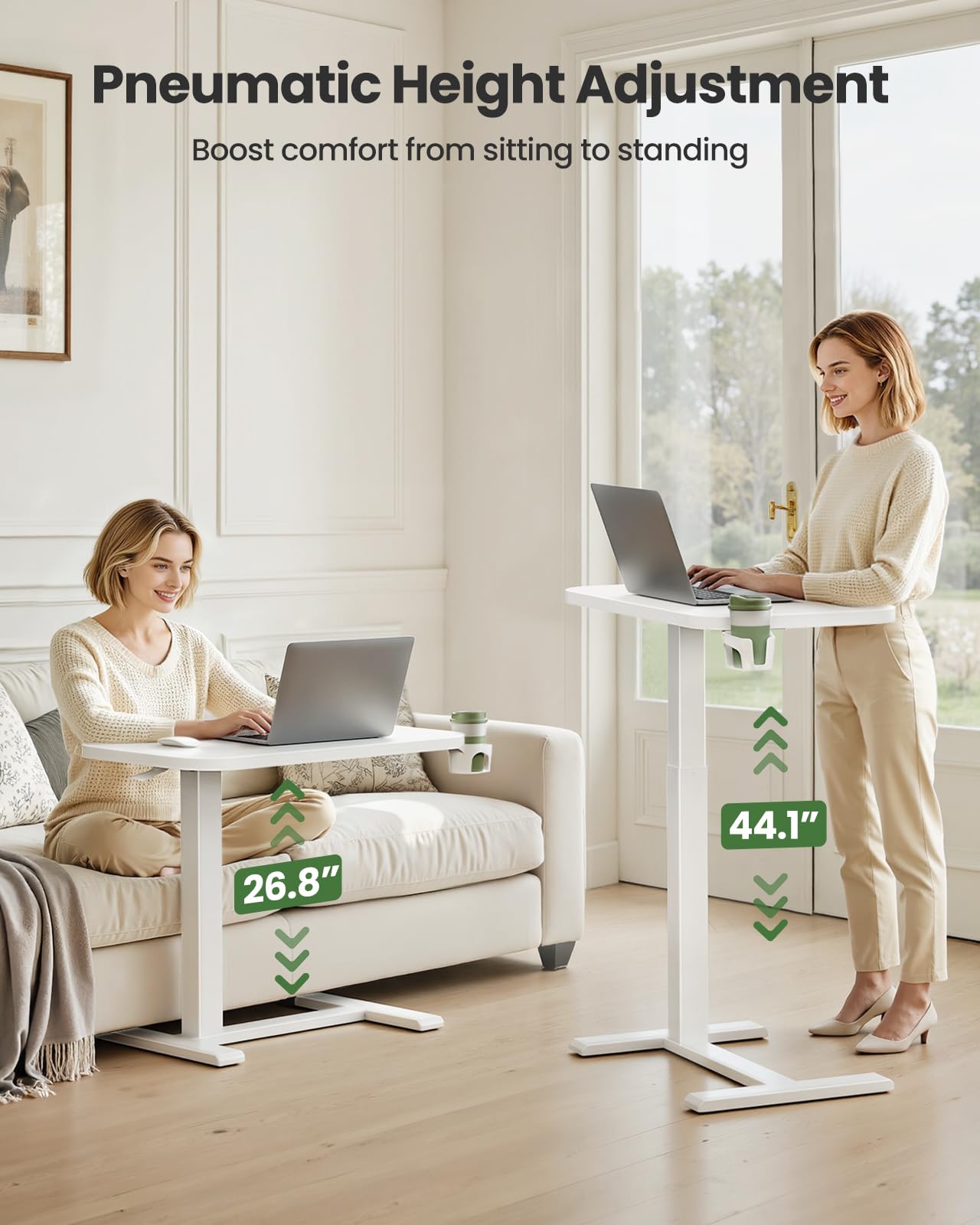 Marsail 28×16" Overbed Table with Wheels and 360° Cup Holder, Height-Adjustable Pneumatic Bedside Table, Mobile Computer Standing Desk for Home Office, White