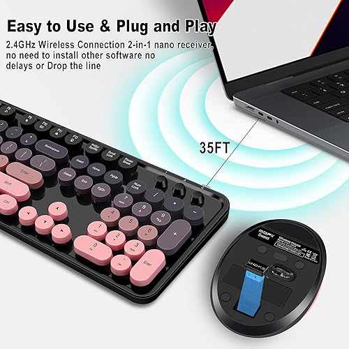 Miniatura 2 de Kootop - Combo de teclado y mouse inalámbrico, teclado retro colorido lindo con 104 teclas, teclas redondas estilo máquina de escribir para PC