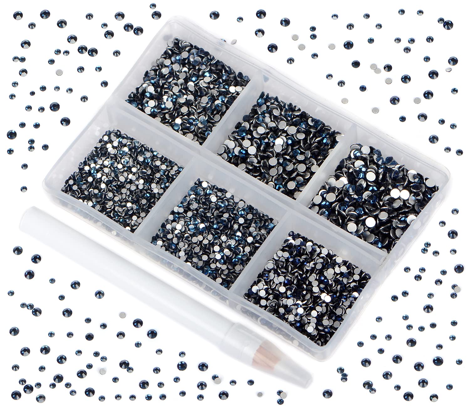 Bymitel 7200 Pieces 6 Mixed Sizes Glue Fix on Glass Rhinestones Round Crystal Gems Flatback for DIY Jewelry Making with one Picking Pen(6-Sizes 7200PCS, Montana)