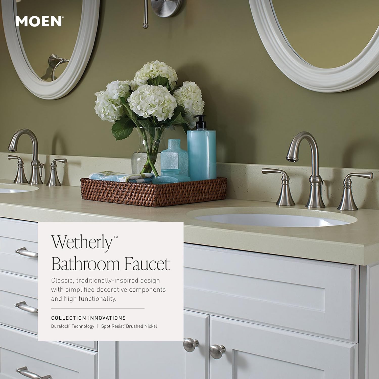 Moen Wetherly Spot Resist Brushed Nickel Two-Handle Widespread Bathroom Faucet with Valve Included, 3-hole Deck Mounted Setup, WS84855SRN - Image 6