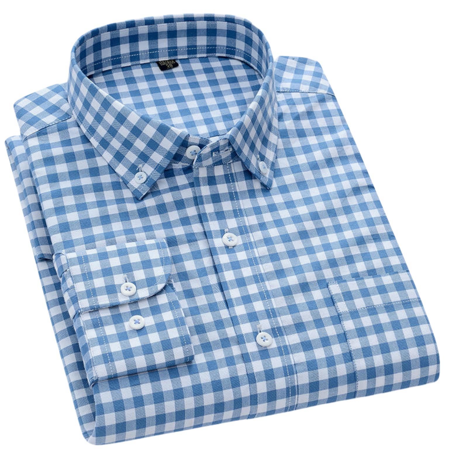 Herren Frühling Herbst Baumwolle Oxford Langarm Gestreiftes Lässiges Business Taschen Kariertes Hemd