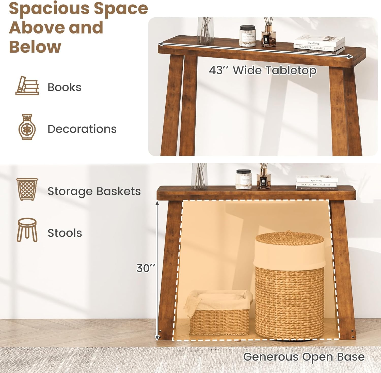 Giantex Narrow Long Console Table, 43" Modern Entryway Table Behind the Couch, Rubberwood Accent Sofa Tables for Living Room, Foyer, Hallway, Bedroom, Entrance (Walnut)
