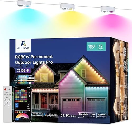 APPECK Luces permanentes para exteriores Pro de 100 pies, 72 W RGBCW aleros de luces con 72 luces LED, 80 lm, cortables, 111 modos de escena,