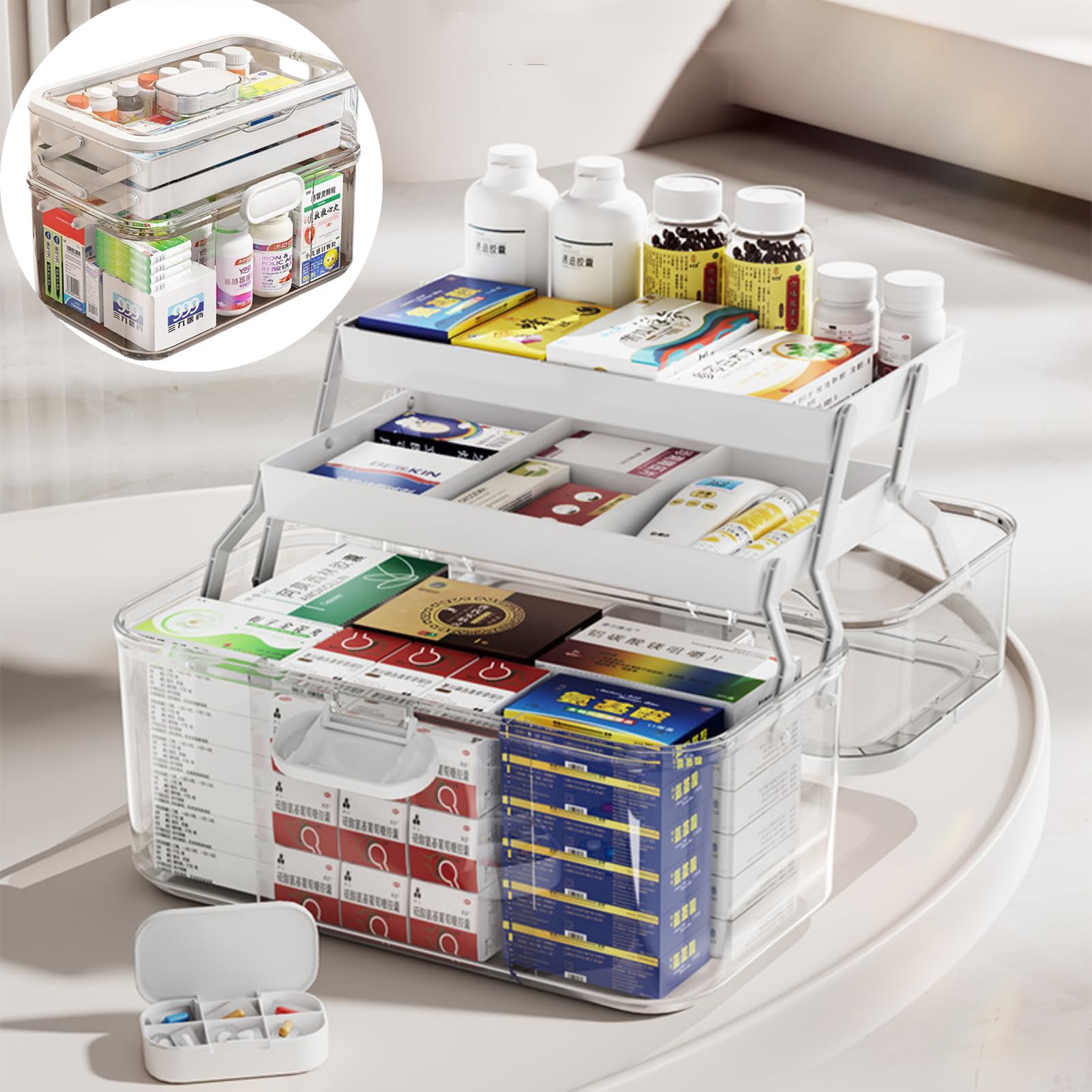 TAME 3-Layer Large Medicine Storage Box, Portable Medication Storage Box for Family Use, Emergency Medicine Kit Case Organizer, Multipurpose Home Utility Box for Family,Office and Travel