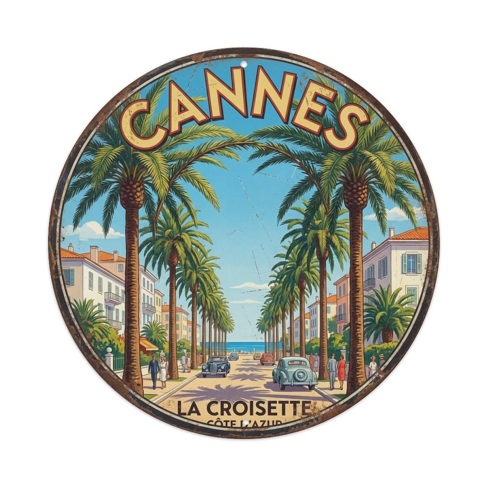 Palm Boulevard of Cannes Mediterranean Travel Vintage Metal Tin Sign