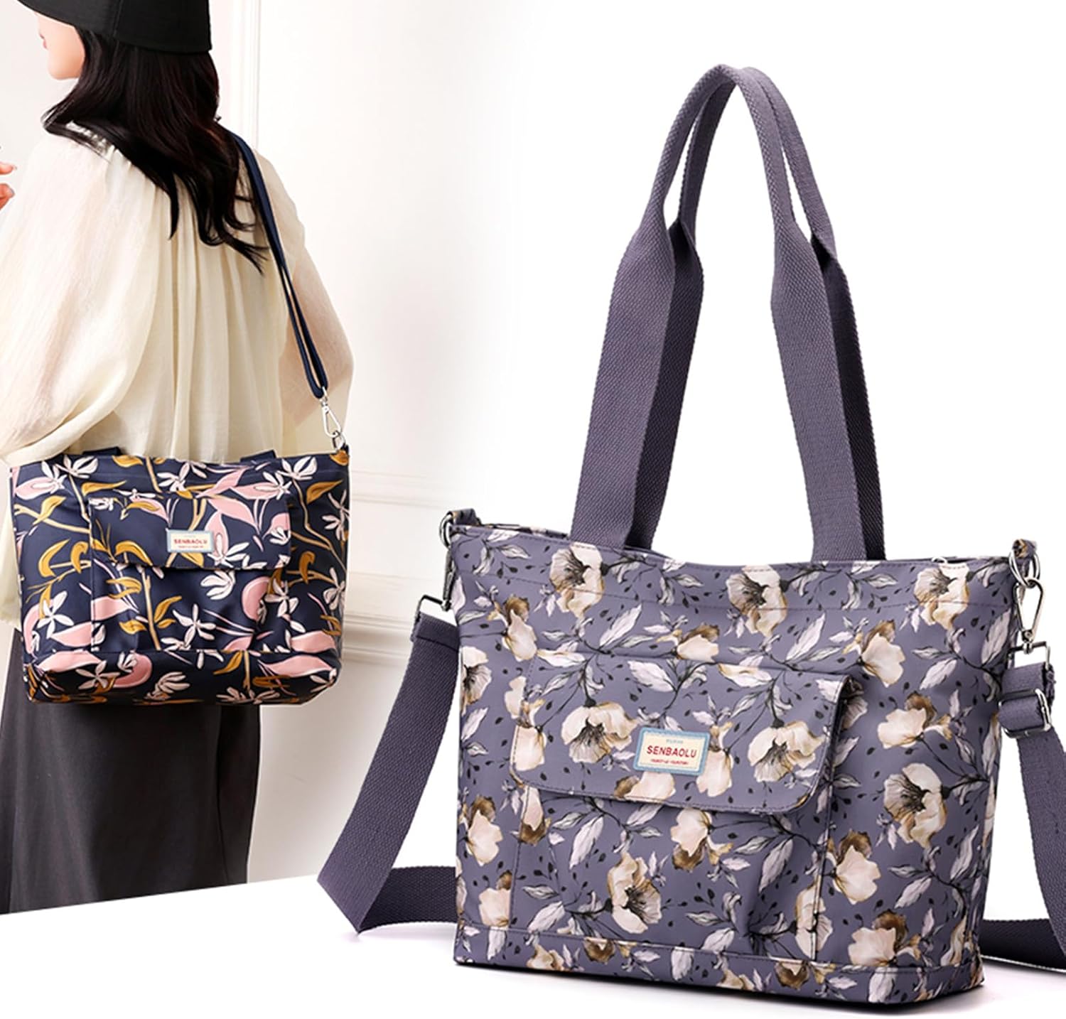 Nylon Tote Bag with Zipper for Women Large Shoulder Bag Top Handle Handbag for Travel Work