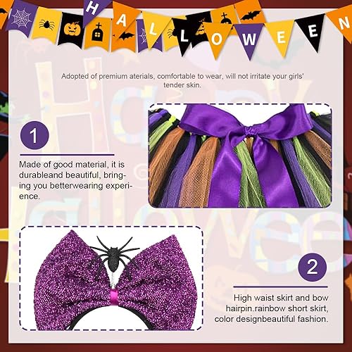 Miniatura 3 de Threetols Halloween Witch Costumes Accessories for Girls, Rainbow Tutu Skirt Cosplay Costumes Skirt with Purple Spider Sequin Bow Headbands for