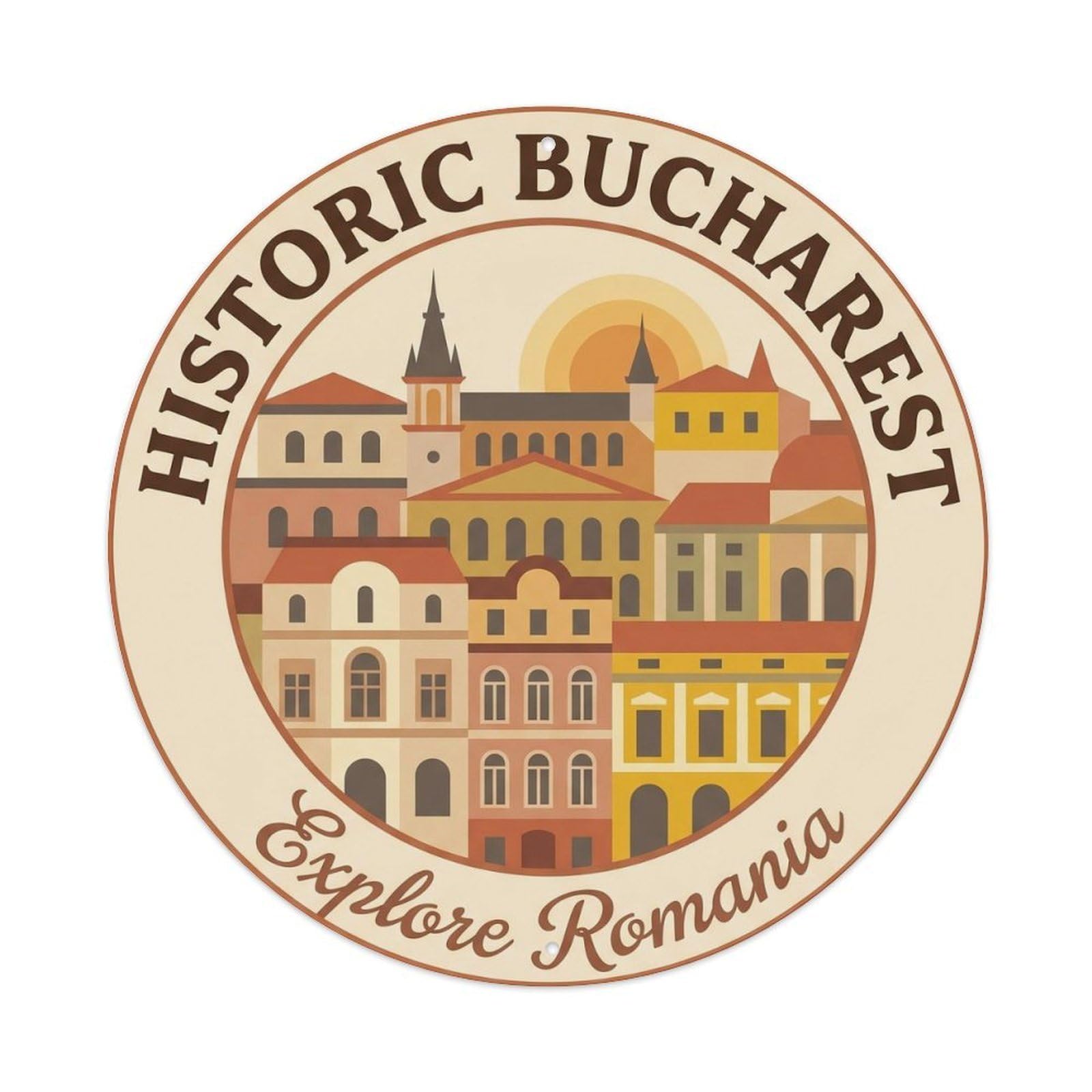 Bucharest Oldtown Heritage Destination Scenery Landmark Metal Tin Sign Plaque Wall Decor for Cafe, Man Cave, Club Bar, Office, Home Garden Round Metal Poster 8x8Inch