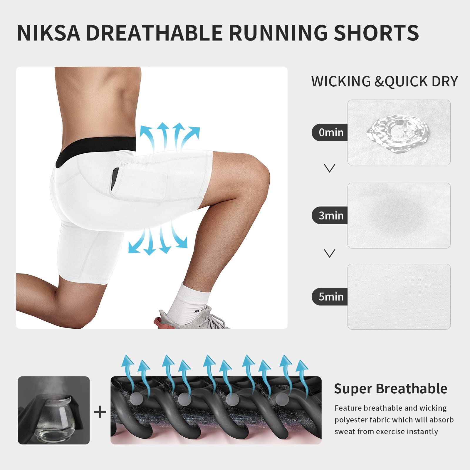 Niksa Lot de 3 shorts de compression pour homme, short de sport avec poches, short de course à pied, entraînement et fitness, Blanc, gris, bleu marine, Taille L