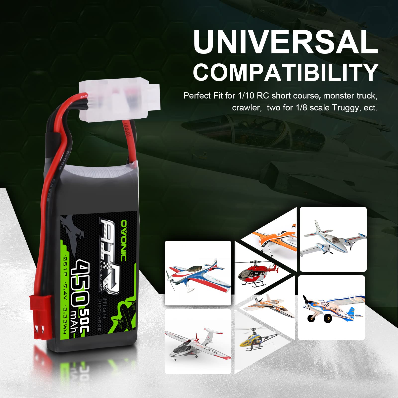 OVONIC 2s Lipo Batterie 7.4V 450mAh 50C avec Prise JST pour 250 RC Hélicoptère Petit Avion Micro FPV Racing Drone Quadcopter (2pcs)