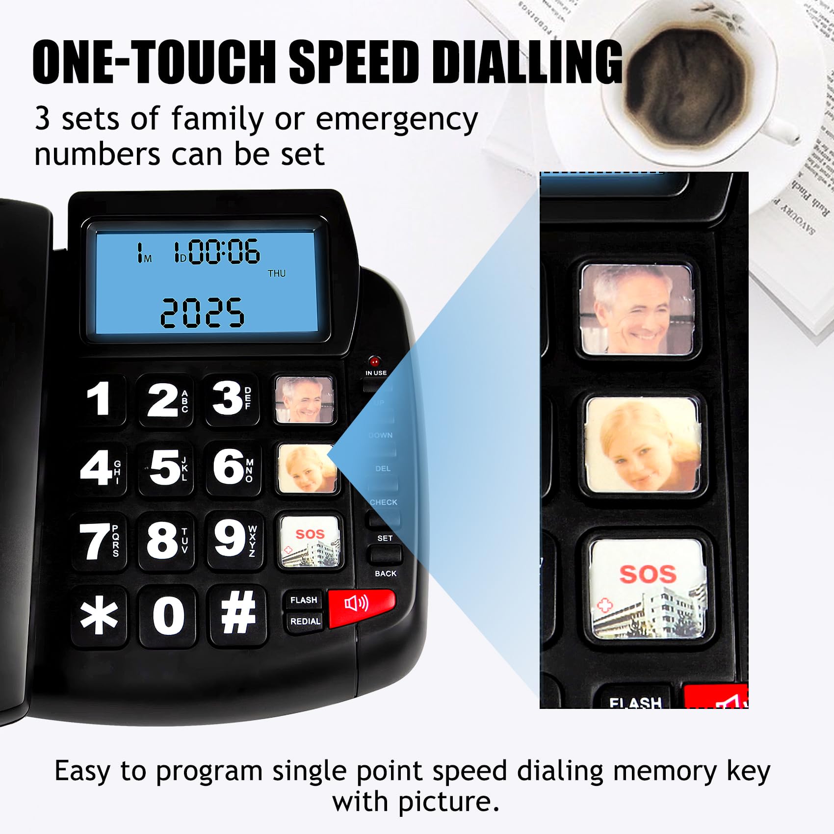 Telefono con pulsante grande per anziani, telefono fisso con cavo con altoparlante e display LCD, composizione rapida One Touch, volume regolabile, luce ID chiamante, funzione vivavoce