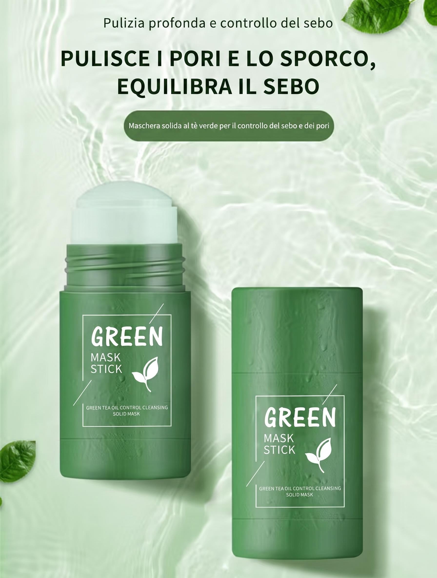 Maschera Viso Stick Tè Verde 2 Pezzi Punti Neri e Argilla Verde | Set 2 Stick: detersione profonda e rimozione punti neri. Argilla purificante per pelle mista e grassa, effetto mat.