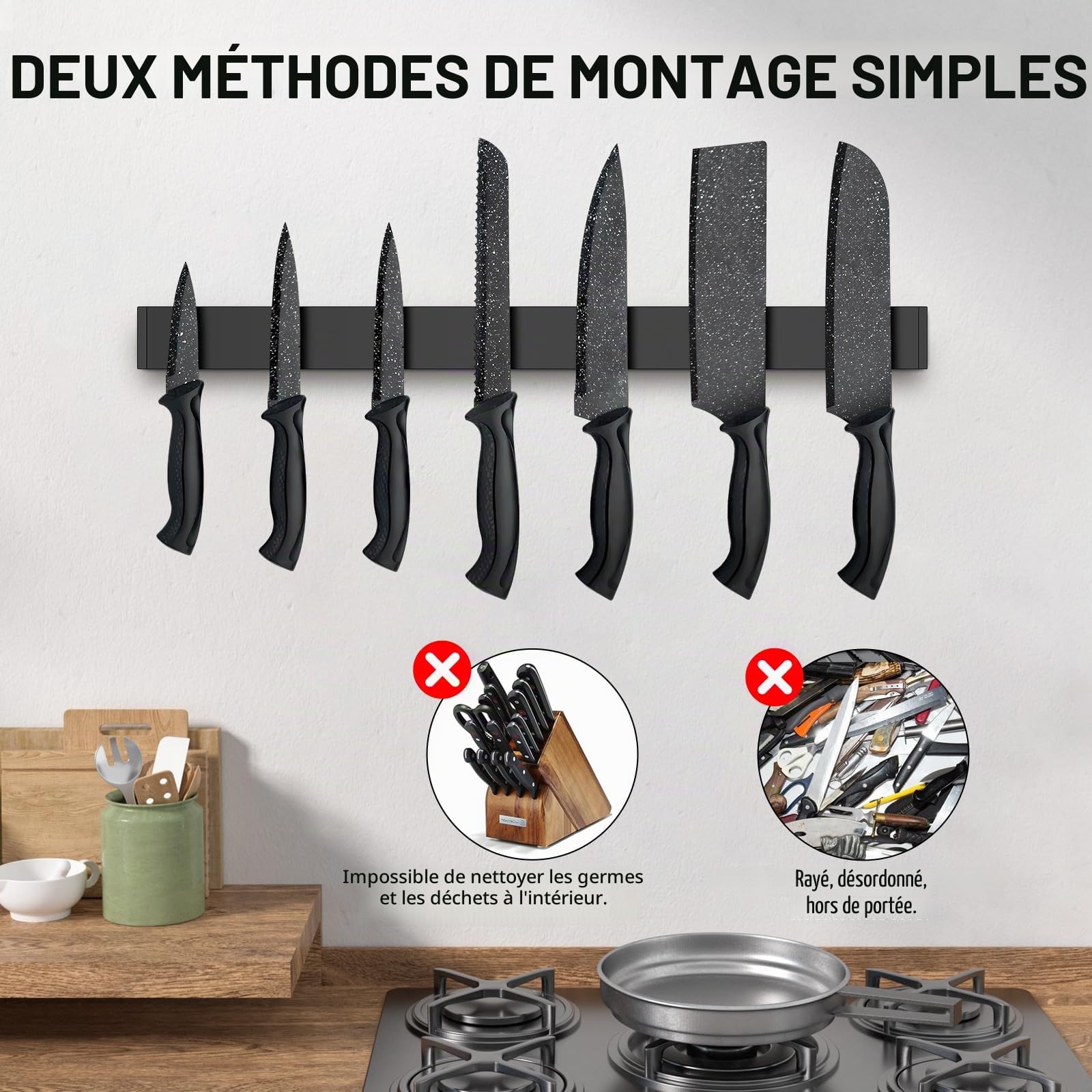 Porte Couteaux Aimanté 30cm, INOX Aimant Couteau Mural, Barre Aimantée pour Couteaux et Ustensiles, Barre Magnétique sans Perçage pour Cuisine, Noir