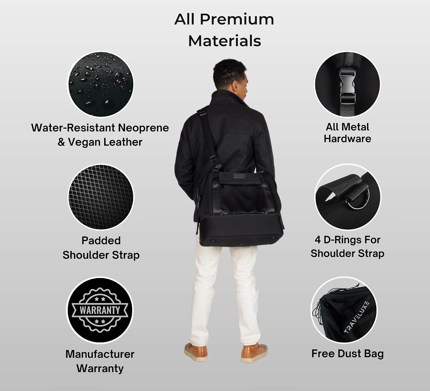 Modern Weekender Travel Bag 30L Premium Neoprene Overnight Bag for Business & Weekend Travel, Shoe Compartment, Trolley Sleeve, Personal Item for Men & Women, 18x14x9in, Onyx