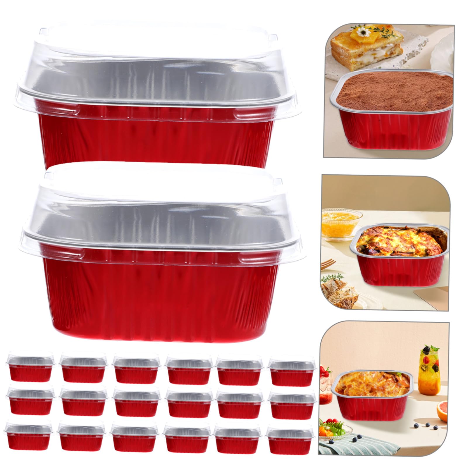 Gatuida Set 40 Scatole Alluminio per Dolci da Forno 300ml Coperchio Rosso, Teglie Usa e Getta Impilabili per Tiramisù Barbecue Picnic Forno Microonde
