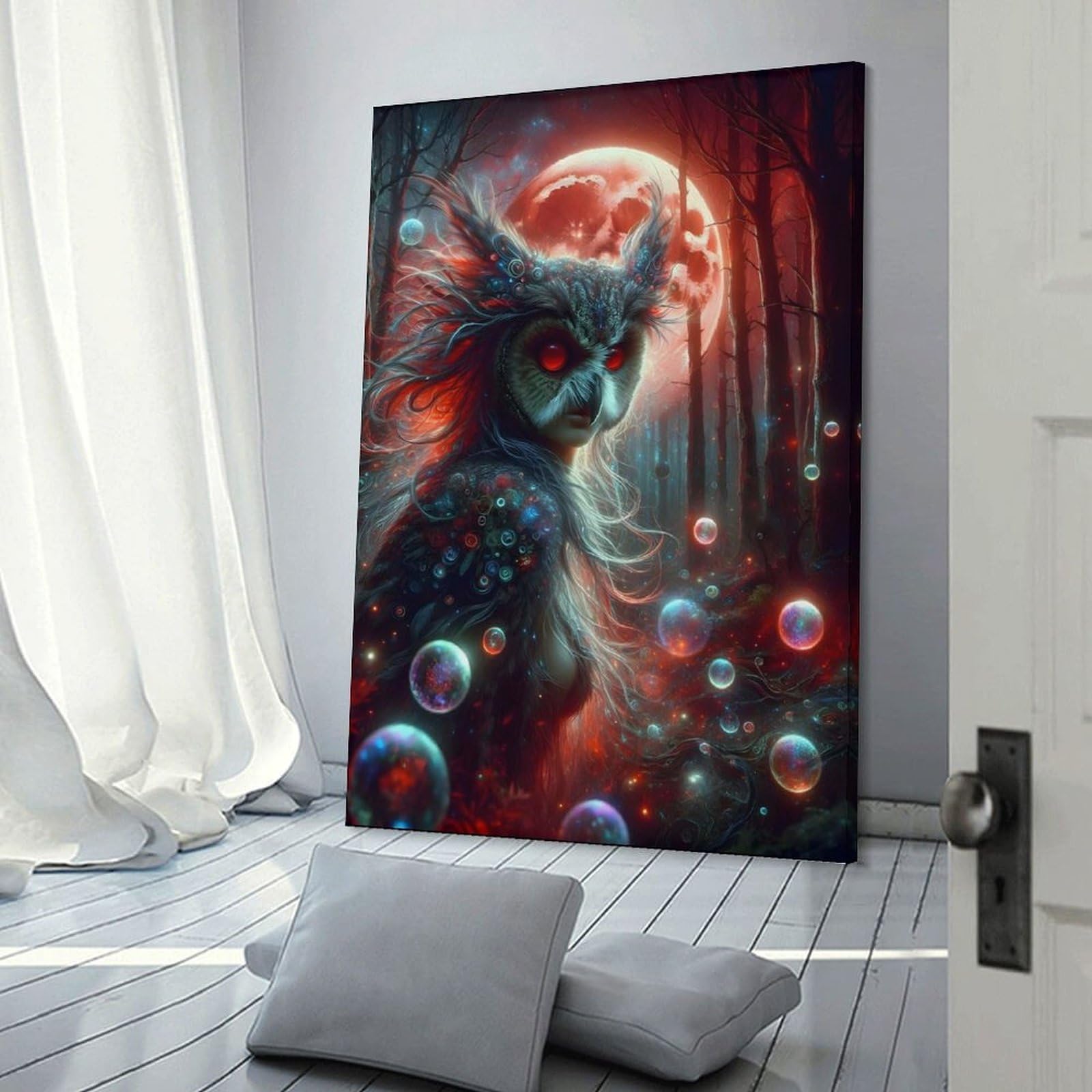 Junmoney Mystical Owl Woman in Forest Wall Art Print 24x36inch(60x90cm), for Picture Wall Styling in Lounge Or Bedroom, A Versatile Canvas Print for Layering