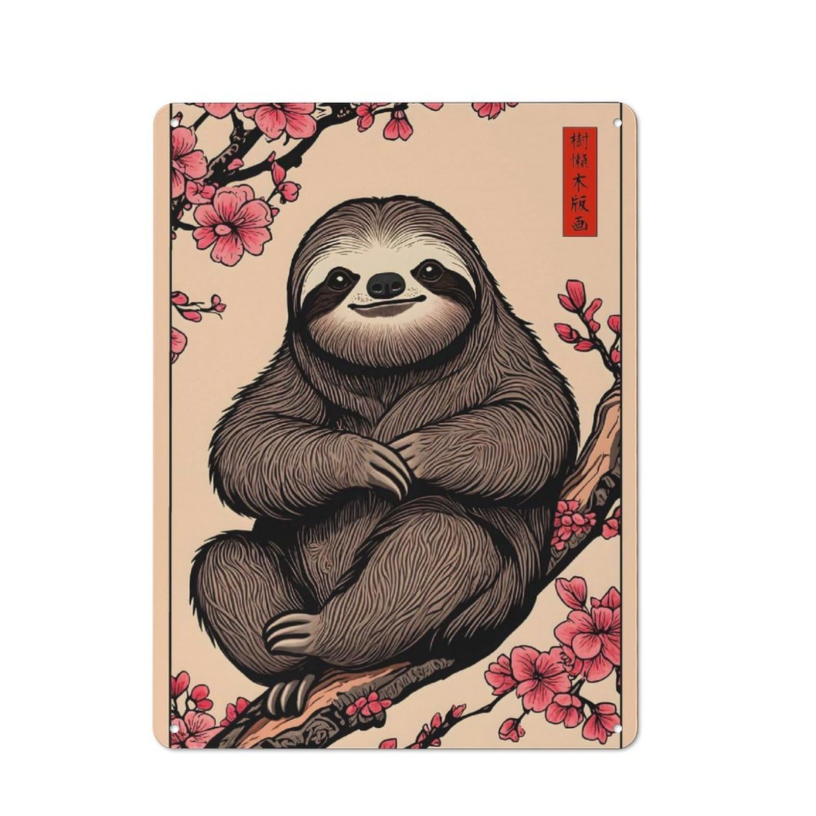 Vintage Metal Sign with Sloth Japanese Cherry Blossom Design 40x30cm, Vintage Bar Wall Plaque for Cafe, Pub, Workshop Or Home Bar
