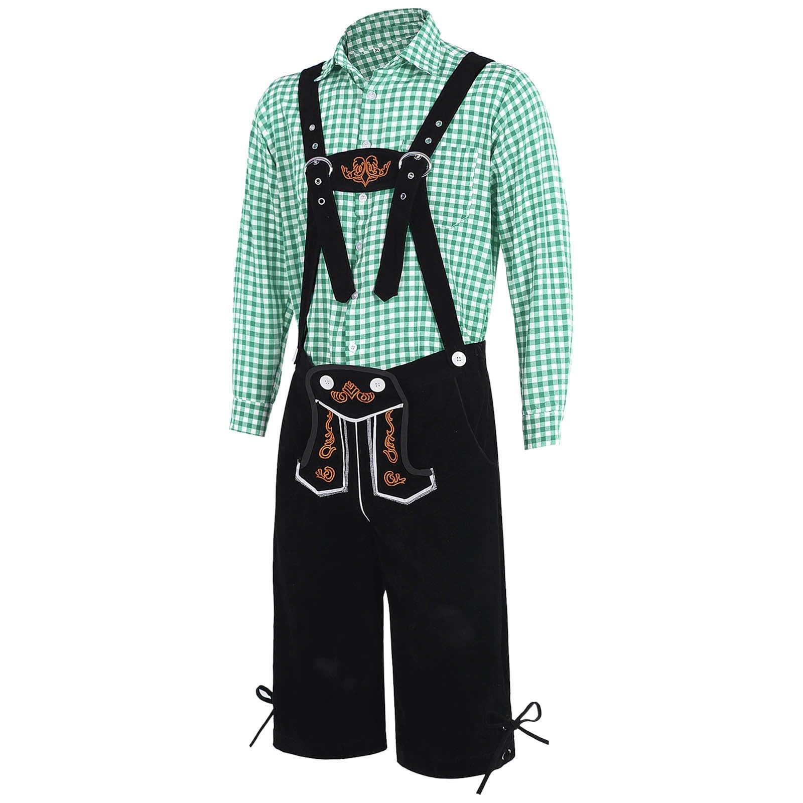 Bavarian Oktoberfest Costume Men 4 Pcs, with Embroidered Lederhosen Suspenders Set, Cords & Bavarian Shirt German Ethnic Beer Festival Fancy Dress for Halloween Christmas Celebrations