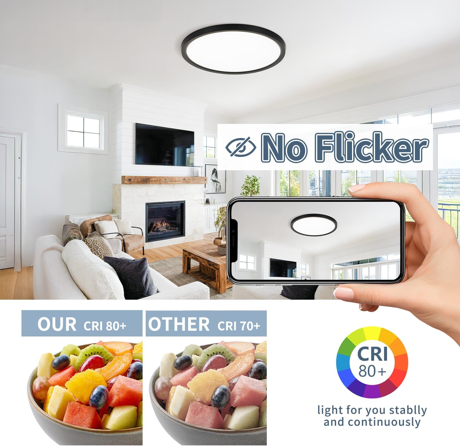 11.4 Inch 6PK LED Flush Mount Ceiling Light, ETL ,24W, 2427LM, 3000K/3500K/4000K/5000K/6500K CCT Selectable, 0.66in Ultra Thin Round Flat Panel Ceiling Light Fixture for Bedroom, Kitchen, (Black)