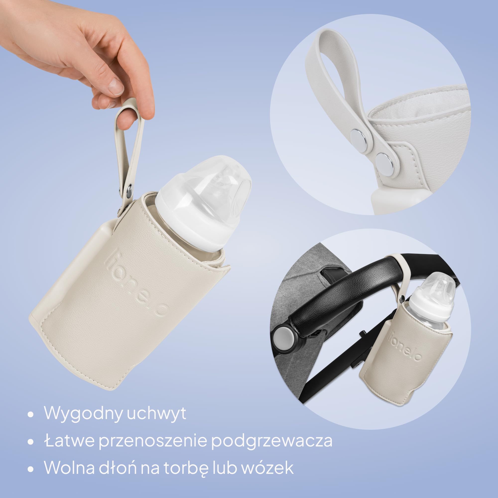 LIONELO Podgrzewacz do butelek Thermup Go Plus do utrzymywania ciepła mleka i żywności dla niemowląt, przenośny z wbudowaną baterią, 5 temperatur roboczych od 38 do 50°C, ładowanie USB, 8 godzin pracy