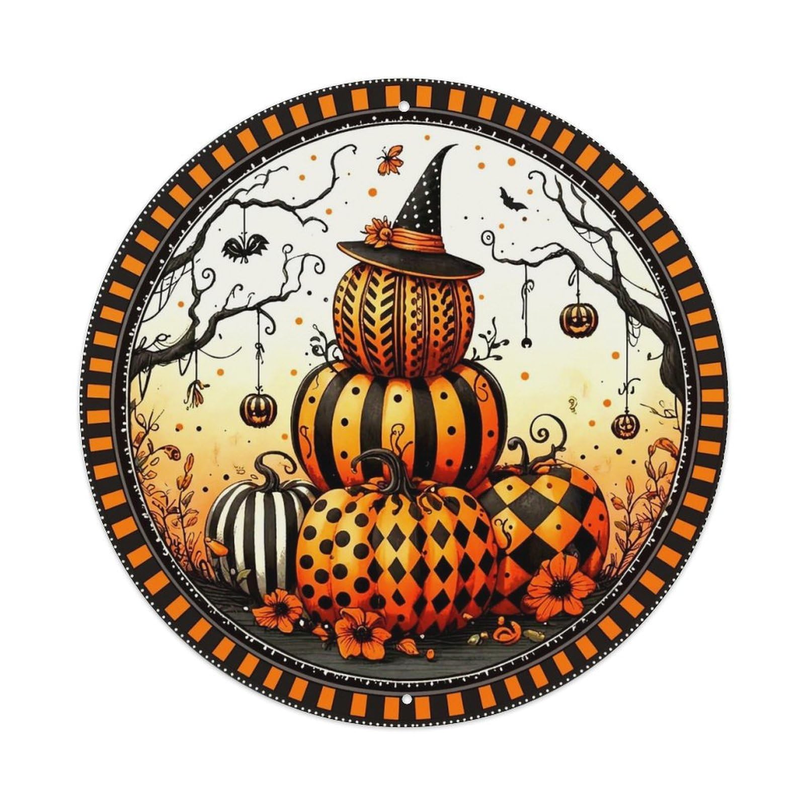 Halloween Pumpkins Witch Hat Bats Vintage Round Tin Sign Retro Metal Wall Decor Metal Poster, Home Bar Garage Cafe Wall Art Decoration 8x8Inches