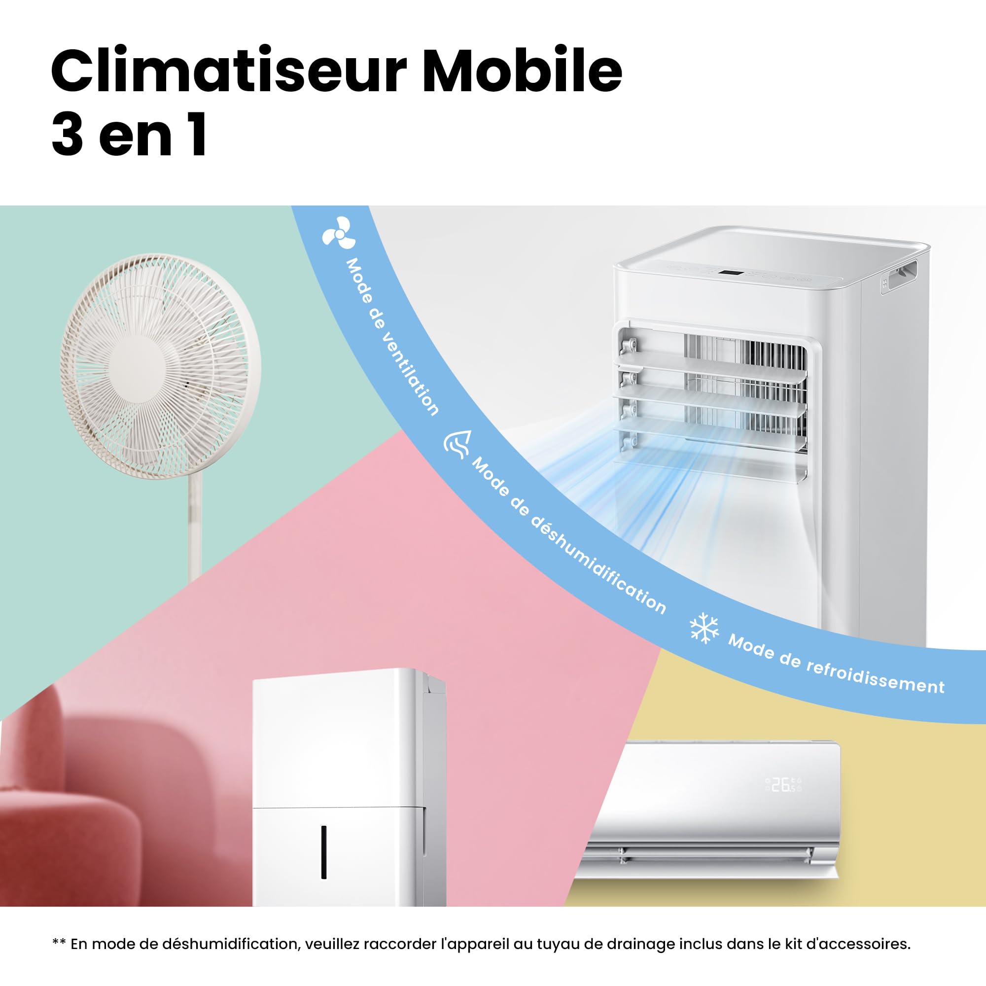 COMFEE' Climatiseur Mobile 9000 BTU/h 2,6kW, Contrôle APP, 3 Modes, 3 Vitesses de ventilation, Dimensions compactes, Pour pièces de 33㎡, Breezy Cool 2.6, Fonctionne avec Alexa