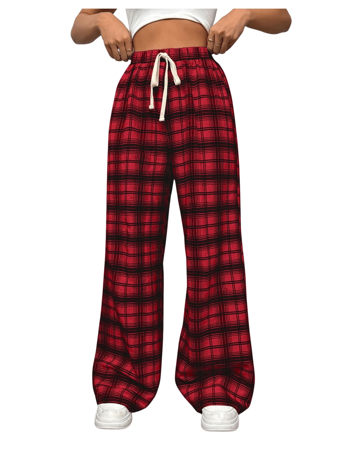 SHENHE Womens Plaid High Drawstring Waist Pants Wide Leg Loose Casual Long Pants