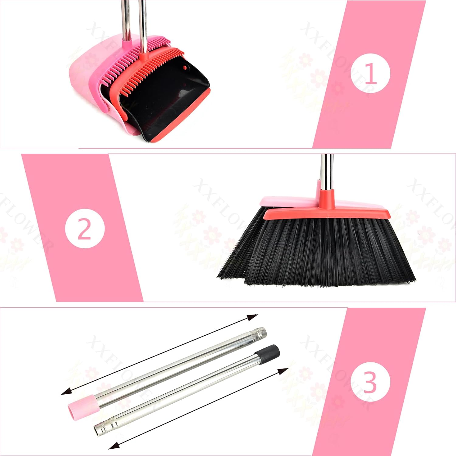Broom and Dustpan Set, Dustpans with Broom Combo for Home, Heavy Dust Broom and Dustpan Combo, Long Handle Dust Pan and Broom Set for Kitchen, Office, Pet Hair,Pink, Pack of 1