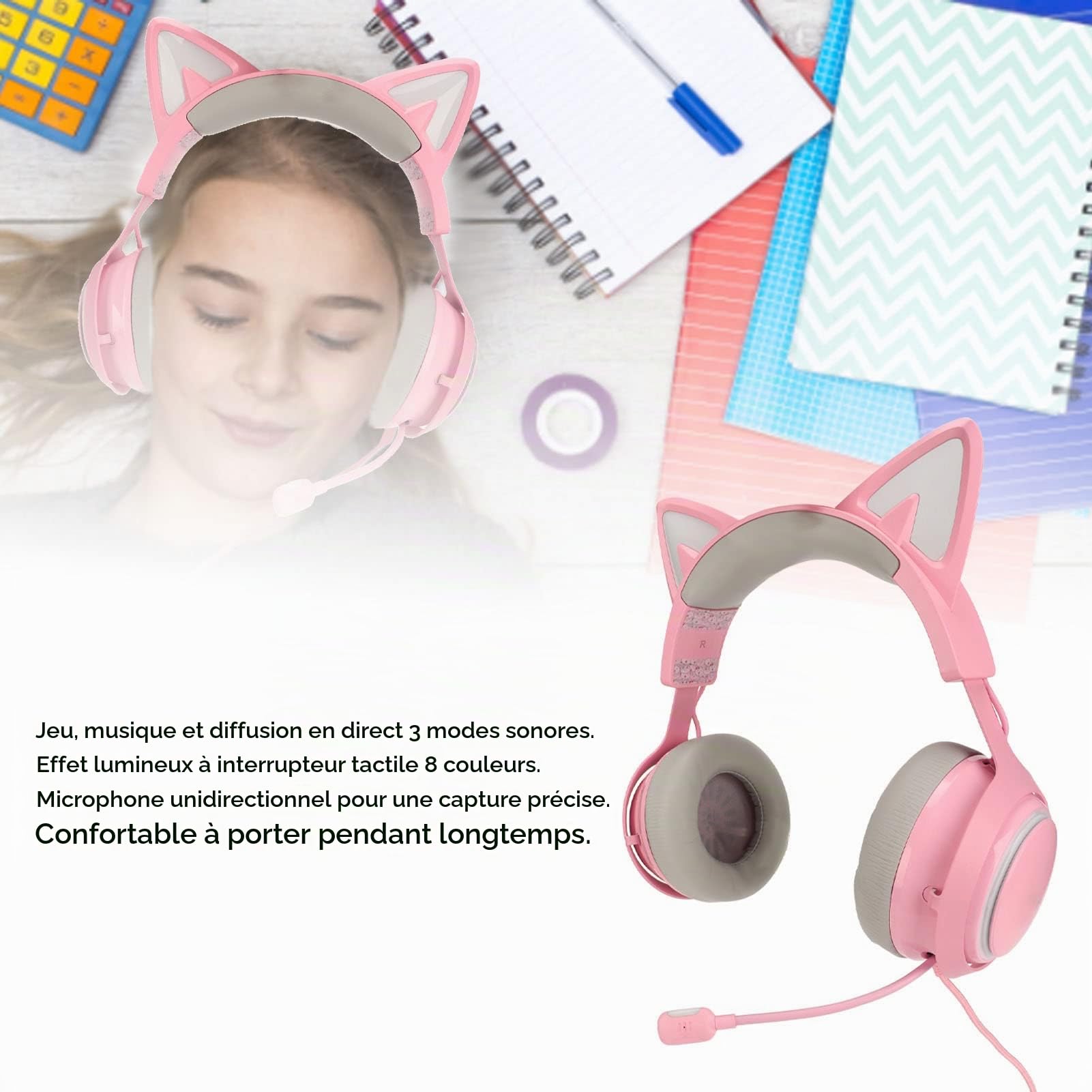 ASHATA Casque de Jeu Rose, Casque de Jeu Filaire USB Rose avec Oreille de Chat pour PC/MAC avec Suppression du Bruit Surround 7.1, Oreille de Chat et Micro Détachables,