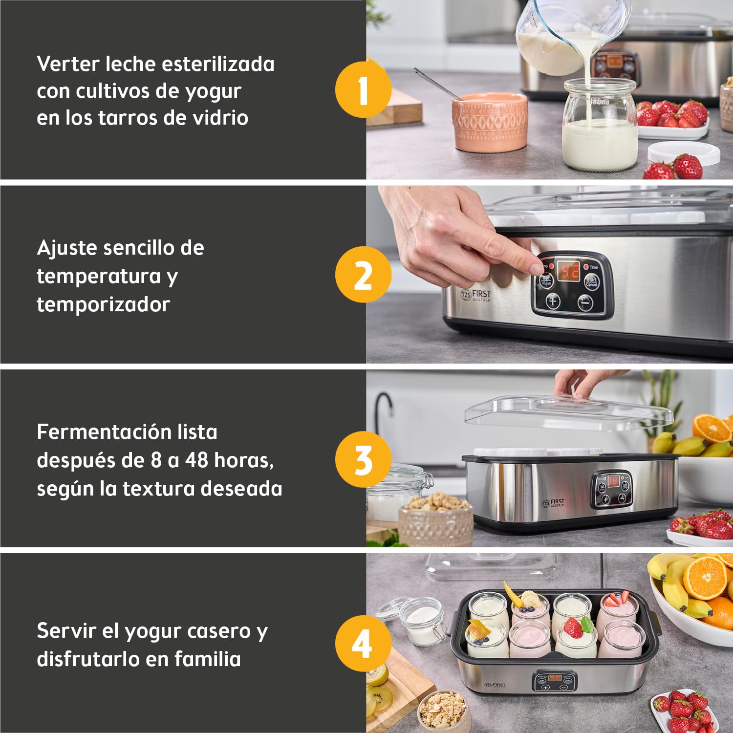 TZS First Austria - Yogurtera eléctrica 25W con 8 vasitos de vidrio de 180 ml para hasta 1,4L de yogur casero - Con temperatura de 20-55°C, apagado automático y pantalla LCD - Blanco