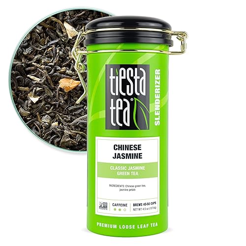 Tiesta Tea - Jazmín chino té verde clásico de jazmín de hojas sueltas cafeína media té caliente y helado lata de 5 onzas 50 tazas natural soporte