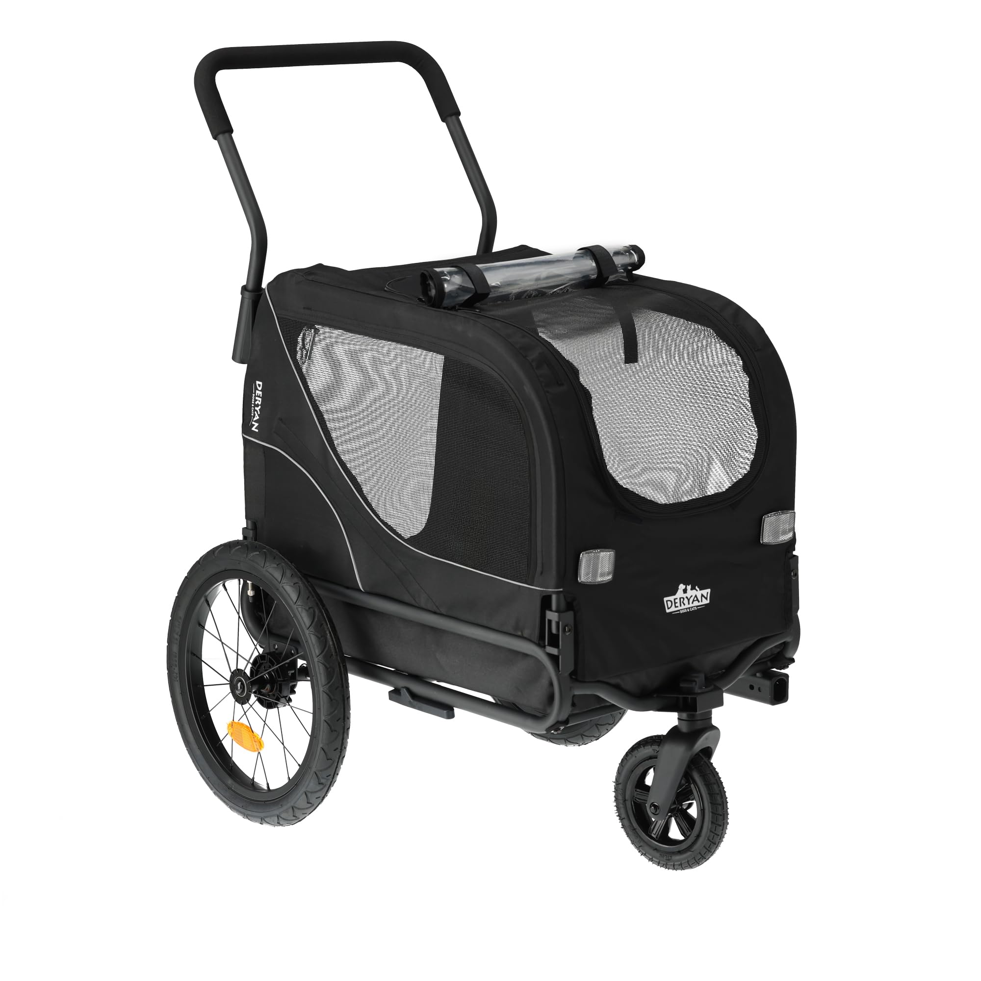 Deryan Hundefahrradanhänger 2-in-1 für Hunde - Fahrradanhänger XL, Jogger & Buggy - Zusammenklappbar & Multifunktional - Bis 20 kg - Für E-Bikes geeignet - Federung Fahrradanhänger Jogger - Schwarz