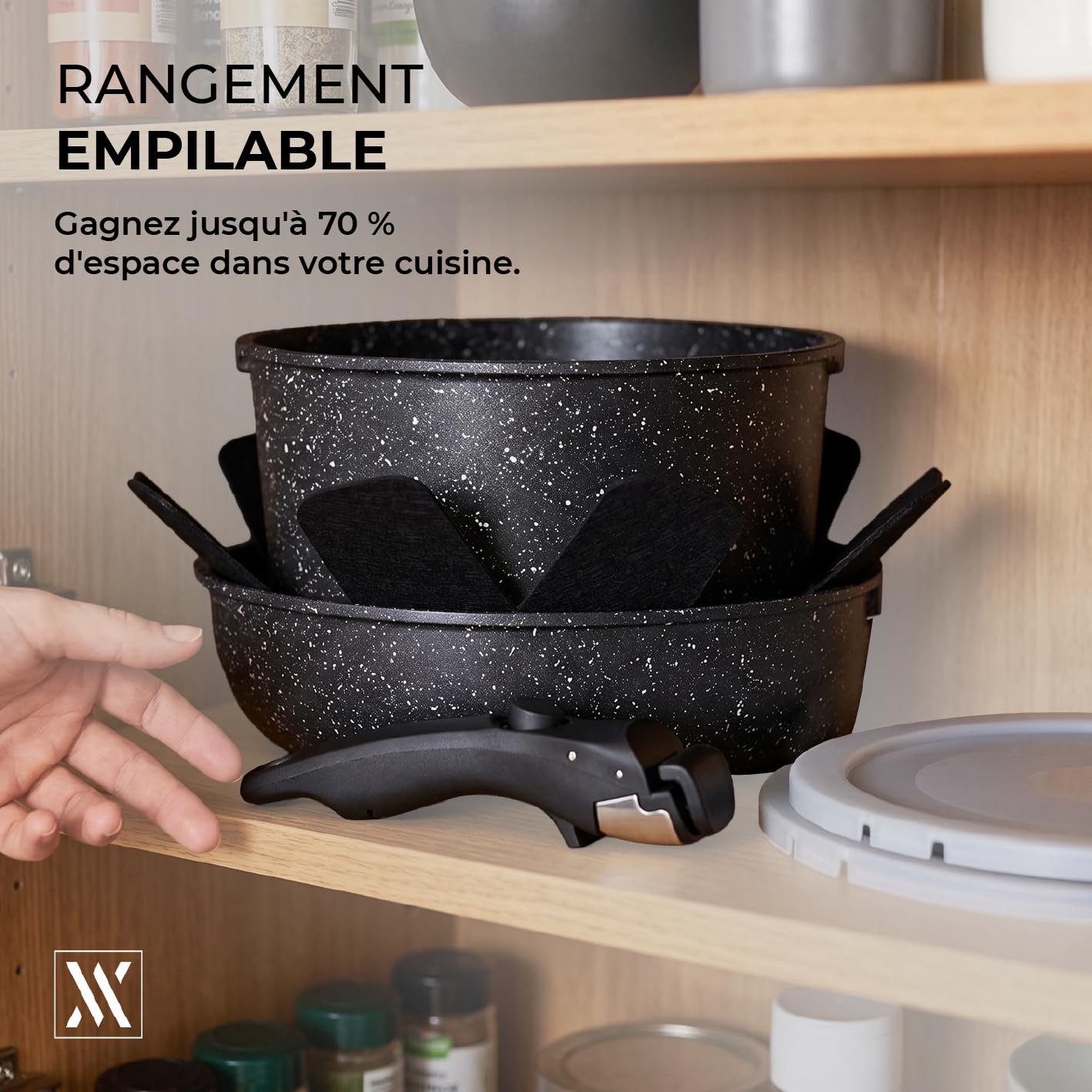 VINAK - Set de poêles avec manche amovible - Antiadhésives - 11 PIÈCES - Poêle 26 cm + 20 cm, casserole 18 cm, couvercles de rangement, ustensiles en silicone | Induction et Four | Sans PFOA/BPA