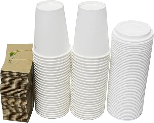 Tazas de papel duradero para café caliente, con tapa para cappuccino y funda protectora de cartón, 50 unidades, color blanco, Blanco