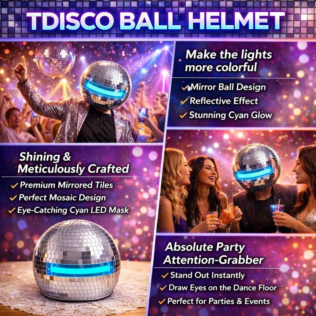 Disco Ball Helmet with Reflective Mirror Glass, Handmade Breathable Disco Helmet Costume Hat for Men Women, Sparkly Party Headwear for DJ Club Bar, Halloween, Festivals (15.7 inches)