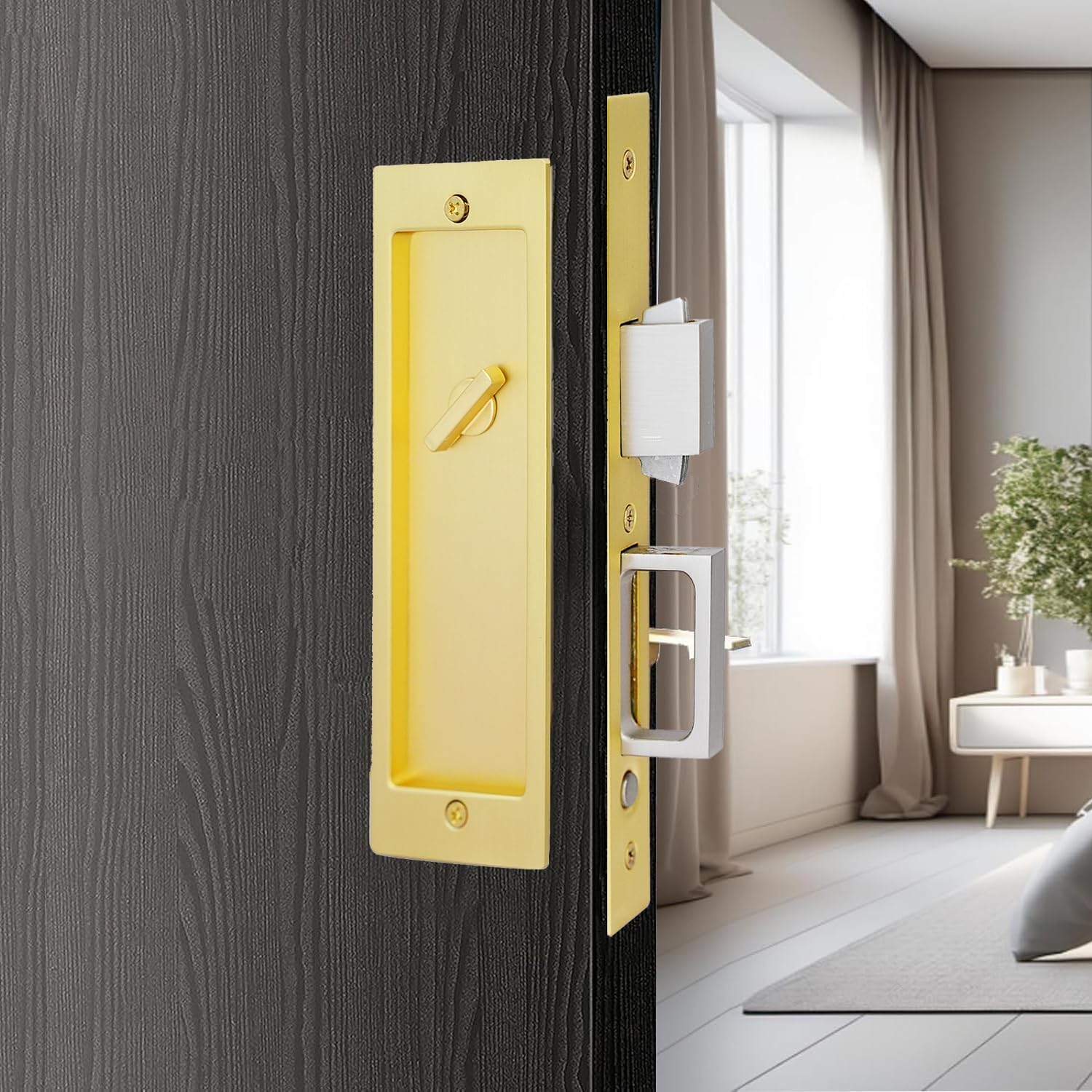 AcxdJnye Privacy Pocket Door Mortise Lock and Edge Pull, Sliding Door Lock Pop-Up Handle, Privacy Pocket Door Lock Hardware, Keyless,Gold