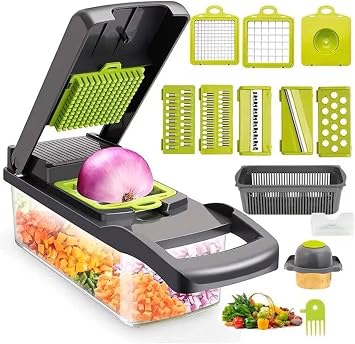 CUTT Vegetable Slicer, Pro Onion Slicer, Cutter, and Vegetable Chopper with Container and Vegetable Brush for Kitchen - 13pc 12 in 1 Multifunctional Mandoline Slicer with 8 Interchangeable Blades
