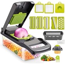 CUTT Vegetable Slicer, Pro Onion Slicer, Cutter, and Vegetable Chopper with Container and Vegetable Brush for Kitchen - 13pc 12 in 1 Multifunctional Mandoline Slicer with 8 Interchangeable Blades