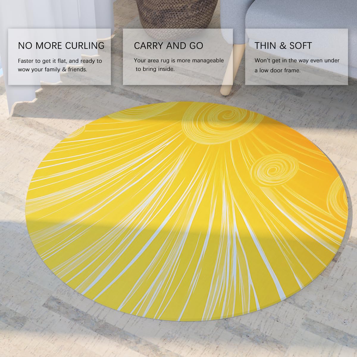 Tappeto tondo giallo caldo e brillante Linee a irradiazione e motivi a spirale Tappeto a pelo basso per soggiorno Camera da letto Nursery Appartamento 200x200cm