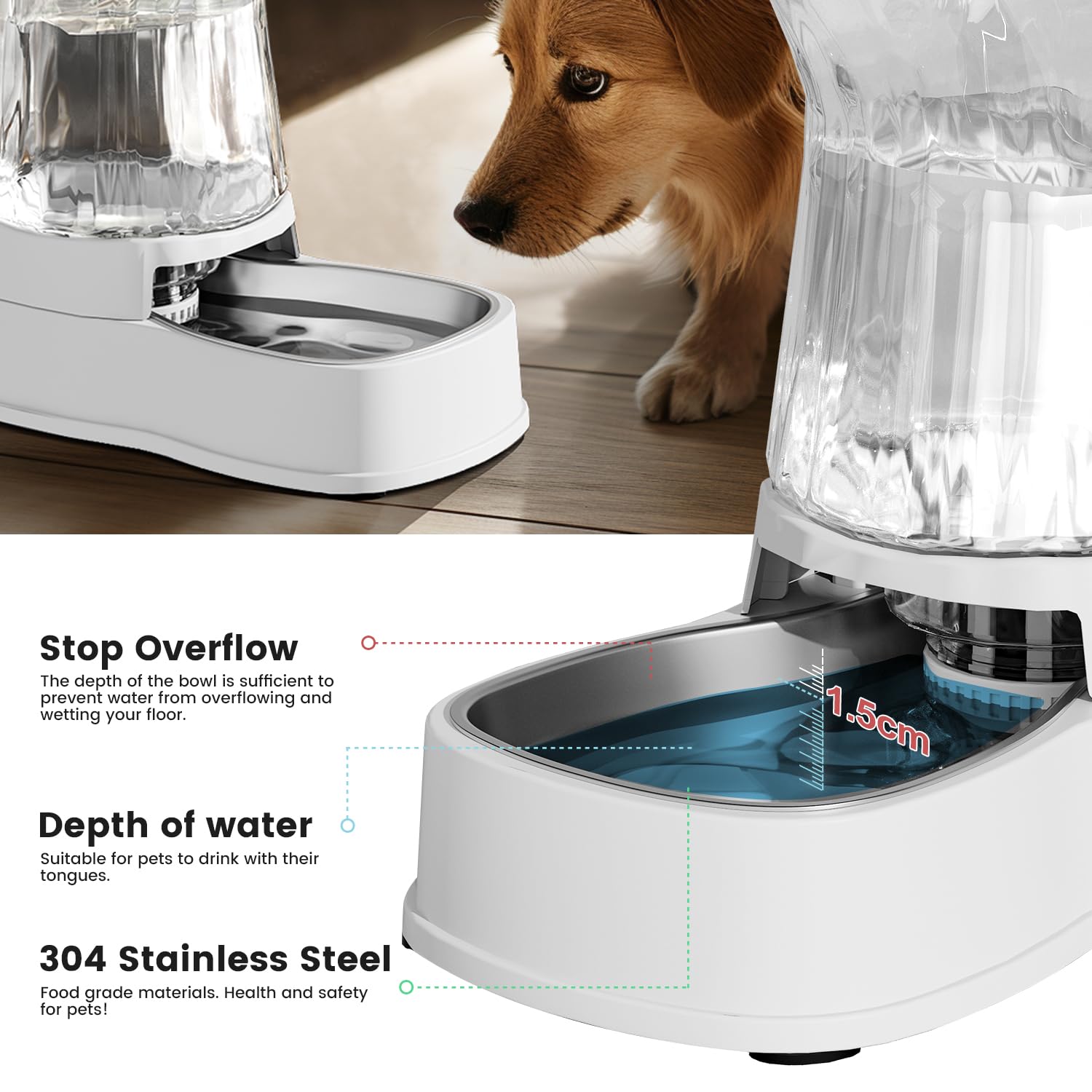 Gardner Pet 8L Dispenser Acqua Gatti, Dispenser Acqua Cani con Ciotola in Acciaio Inox, GravitÀ Abbeveratoio per Cani Non è Richiesta ElettricitÀ, Senza BPA, Bianco