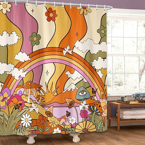 Miniatura 2 de Cortina de ducha estilo japonés, estilo retro, bohemio, con diseño de hongos y flores, estilo japonés, juego de cortina de ducha estética con