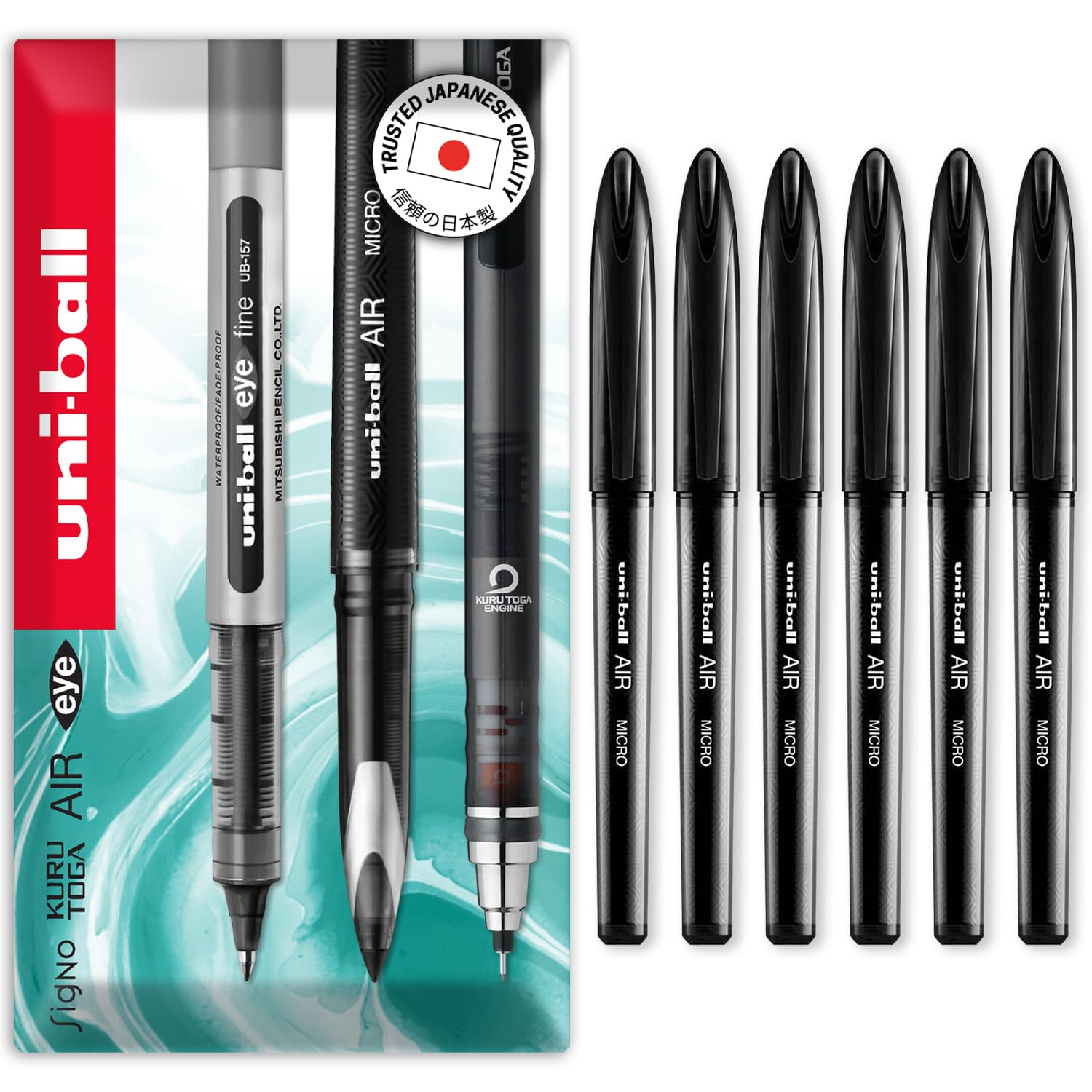 uni-ball AIR Micro - 0.5mm Fine Rollerball - UBA-188-M - In Envelope Gift Packaging (Pack of 6, Black)