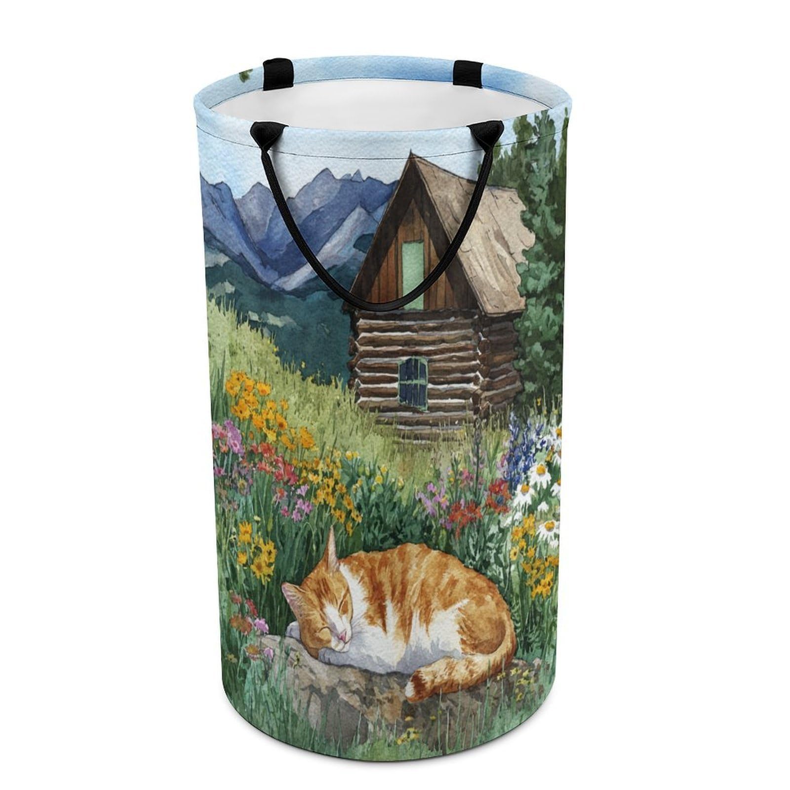 LUYYSKY Retro Watercolor Cute Cat Versatile Storage Laundry Basket, Classic Aesthetic Spring Log Cabin Plants Floral Animals Kitten Large Capacity Bathroom Hamper With Handle