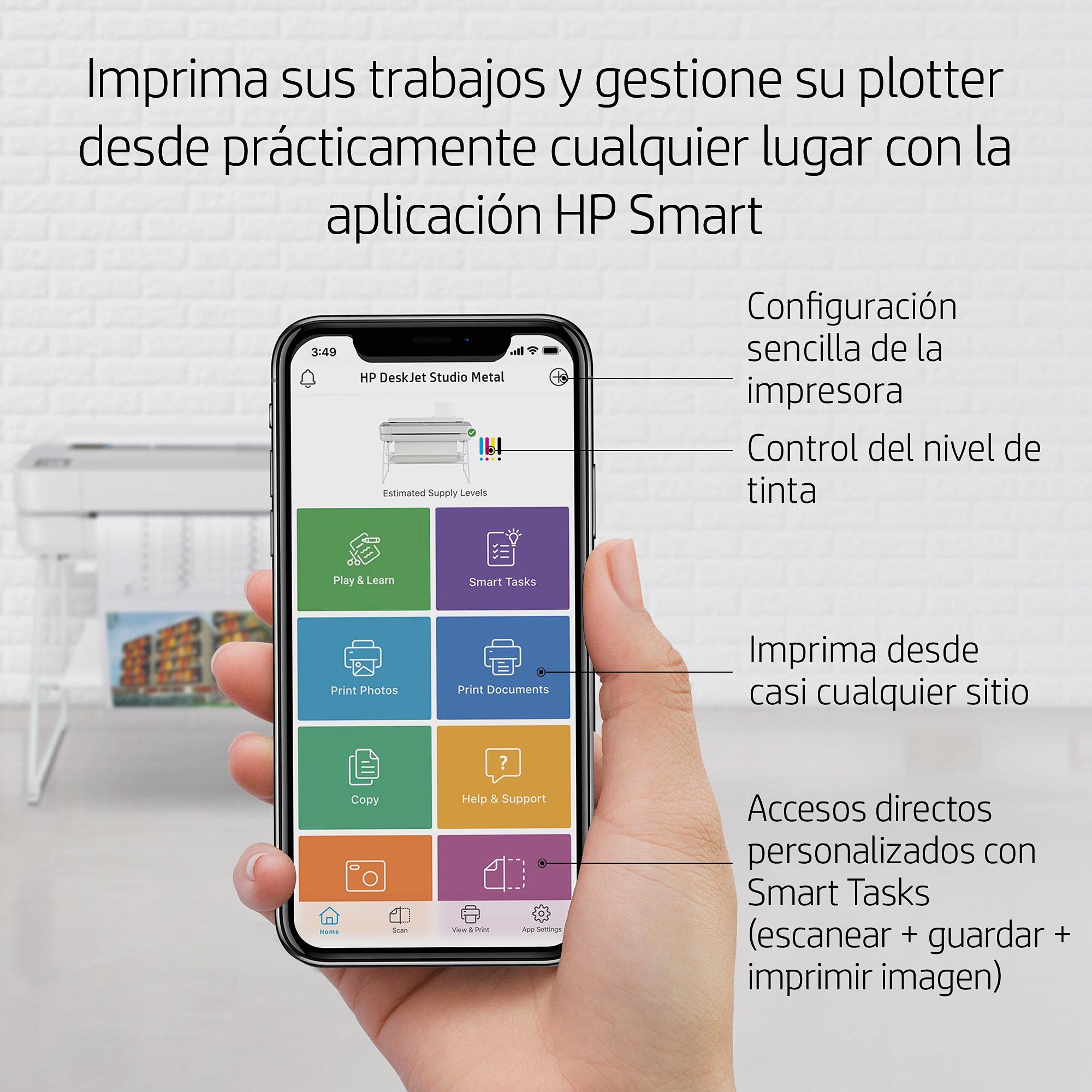 HP Impresora Plotter de Gran Formato DesignJet Studio - Steel, de 24 Pulgadas, hasta A1, Impresión Móvil, Wi-Fi, Gigabit Ethernet, USB 2.0 de Alta Velocidad, Garantía de 1 año (5HB12C)