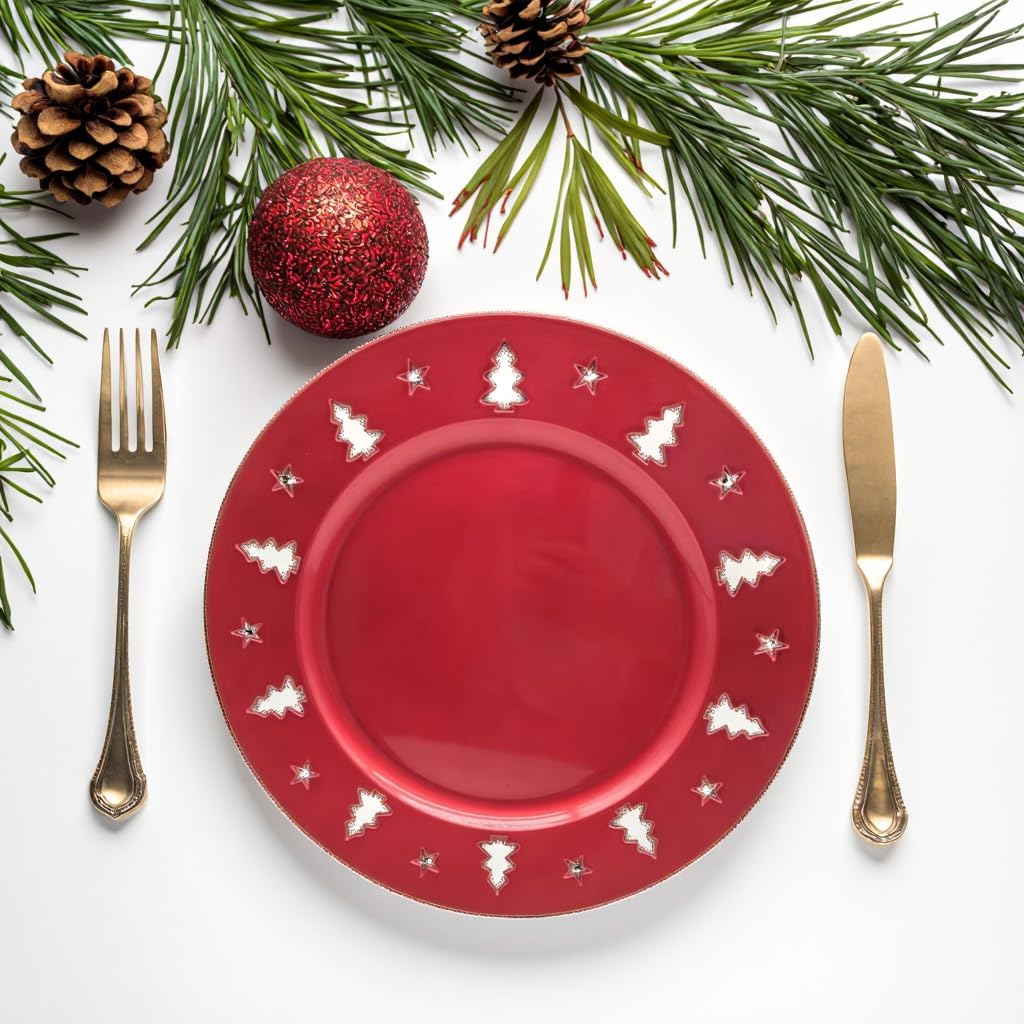 12 elegant table decorations for festive parties, Christmas tree round 13in reusable charger plates.