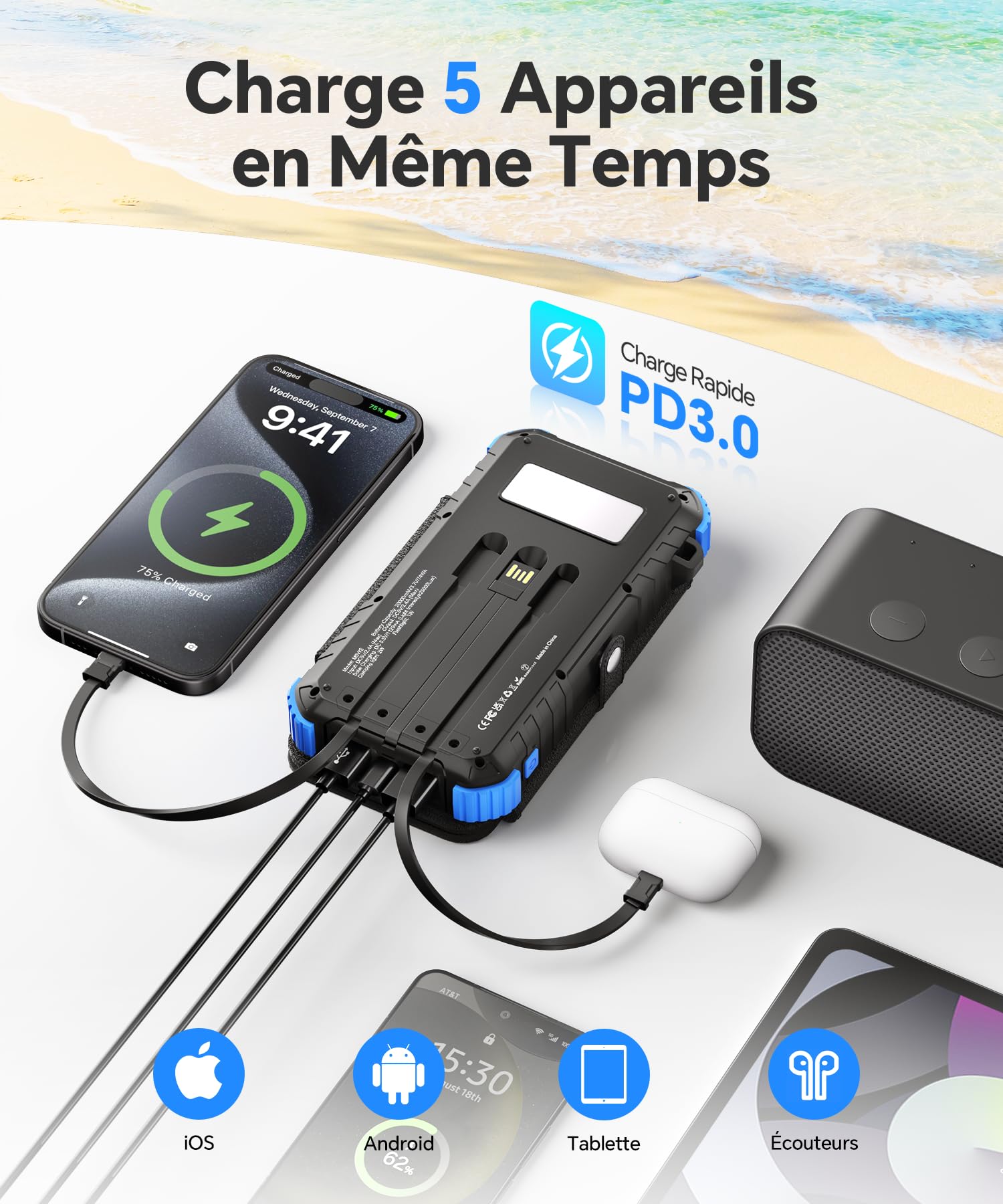 Chargeur Solaire 20000mAh avec 4 Panneaux Solaires, USB C 15 W Charge Rapide, 5 Sorties et 3 Câbles, Batterie Externe Solaire pour l'extérieur avec Mousqueton et Lampes de Poche pour Téléphones