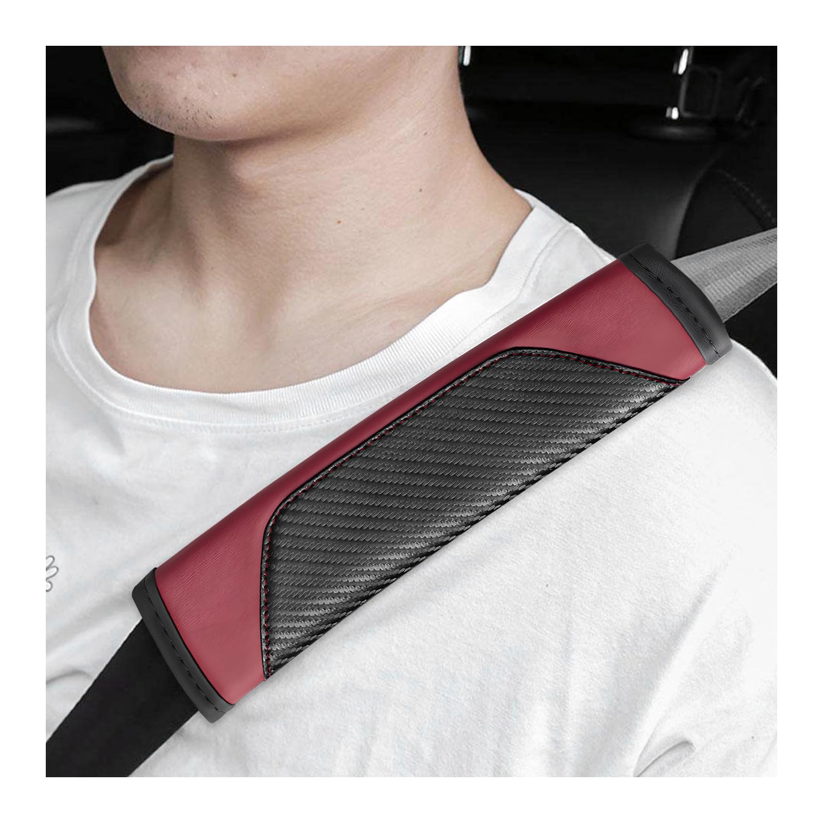 Sun Walker 2 PCS Car Seat Belt Cover, Carbon Fiber Soft Leather Auto Safety Belt Protective Cushion, Breathable Seatbelt Strap Pad for Protecting Your Neck &amp; Shoulder, Car Accessories (Wine Red)