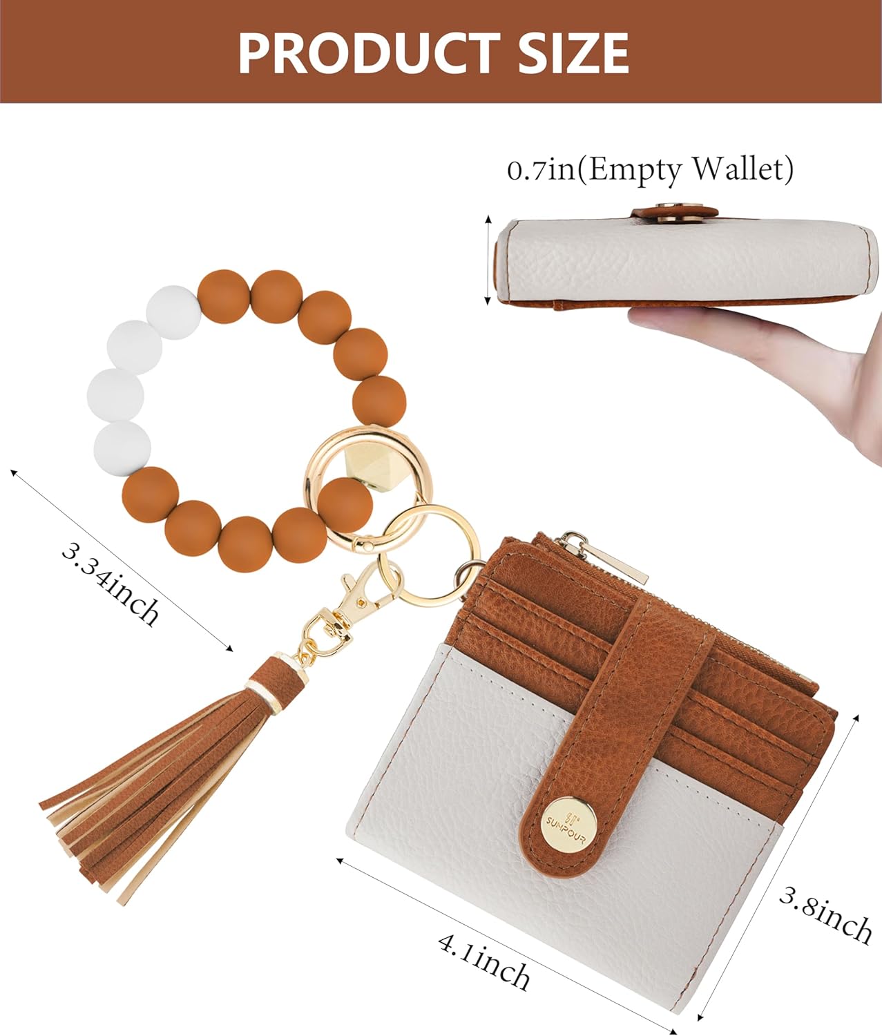 Small Wristlet Wallets for Women Keychain Wristlet Wallet RFID Blocking Key Chain Wallet With Zipper Coin Pocket,2 Id Window (Beige＆Brown) - Image 2